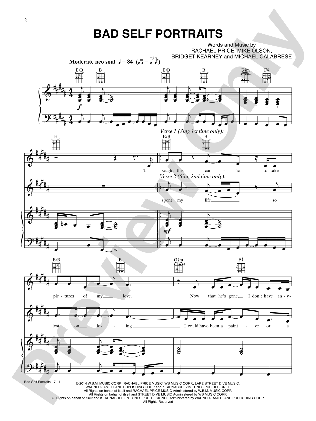 Bad Self Portraits: Piano/Vocal/Chords Digital Sheet Music