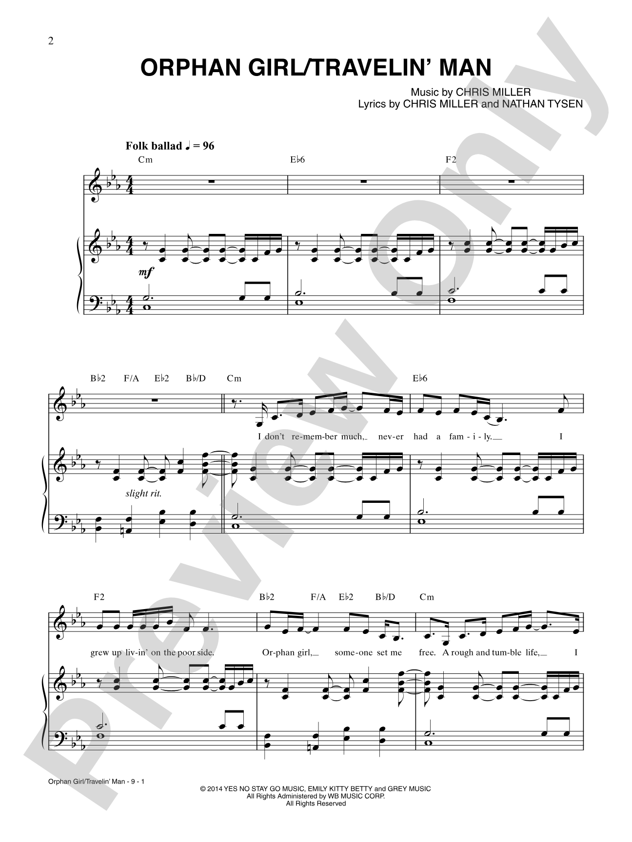 Orphan Girl/Travelin' Man: Piano/Vocal/Chords Digital Sheet Music