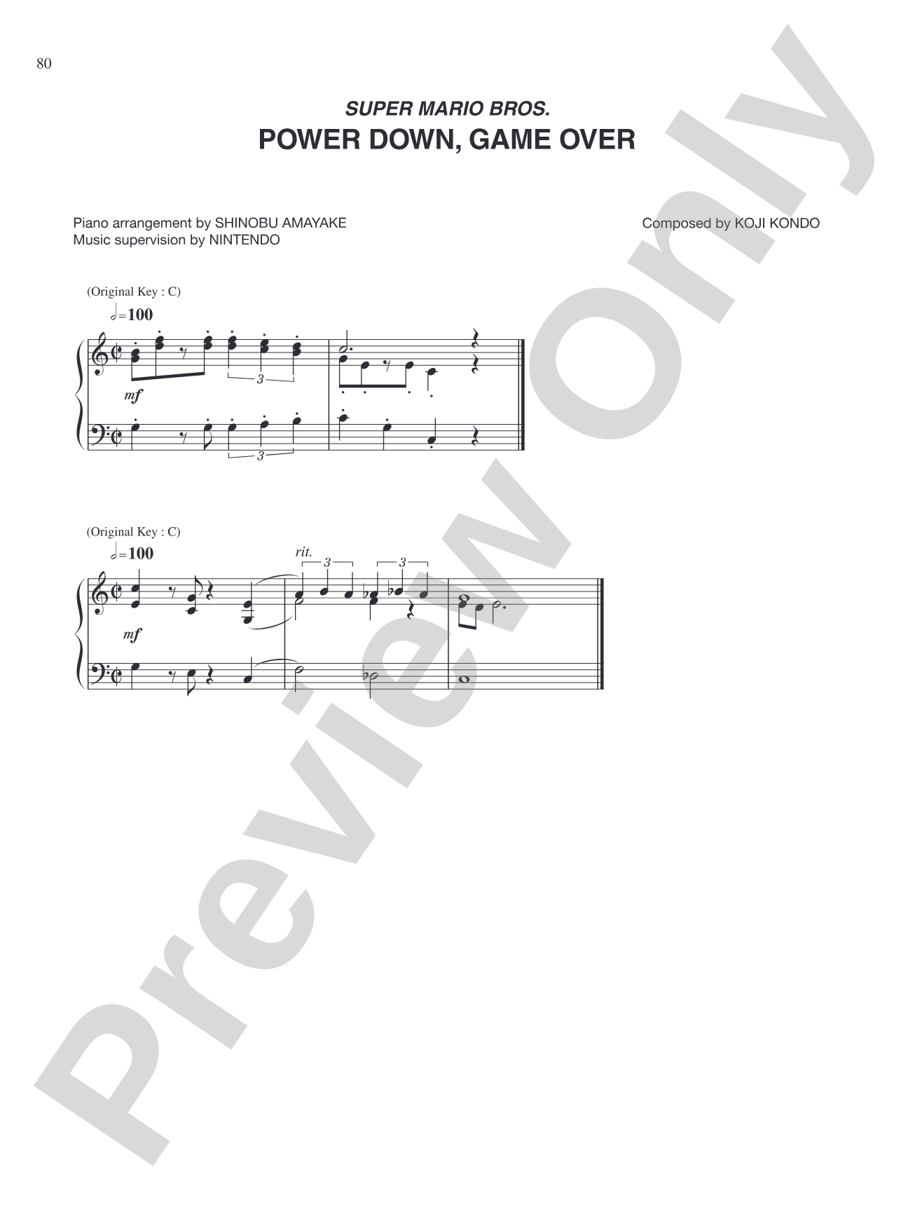 Super Mario Bros. Power Down Game Over: Piano