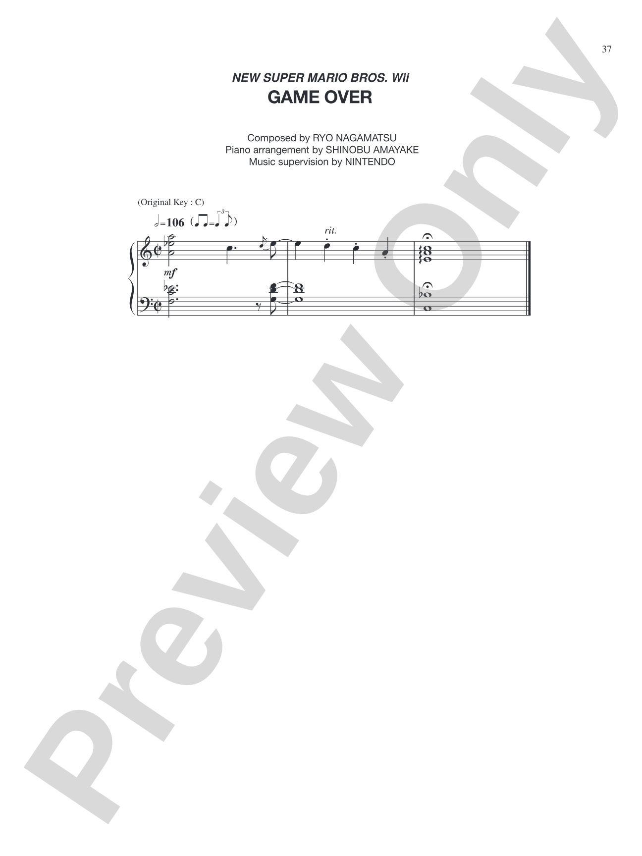 New Super Mario Bros. Wii Game Over: Piano