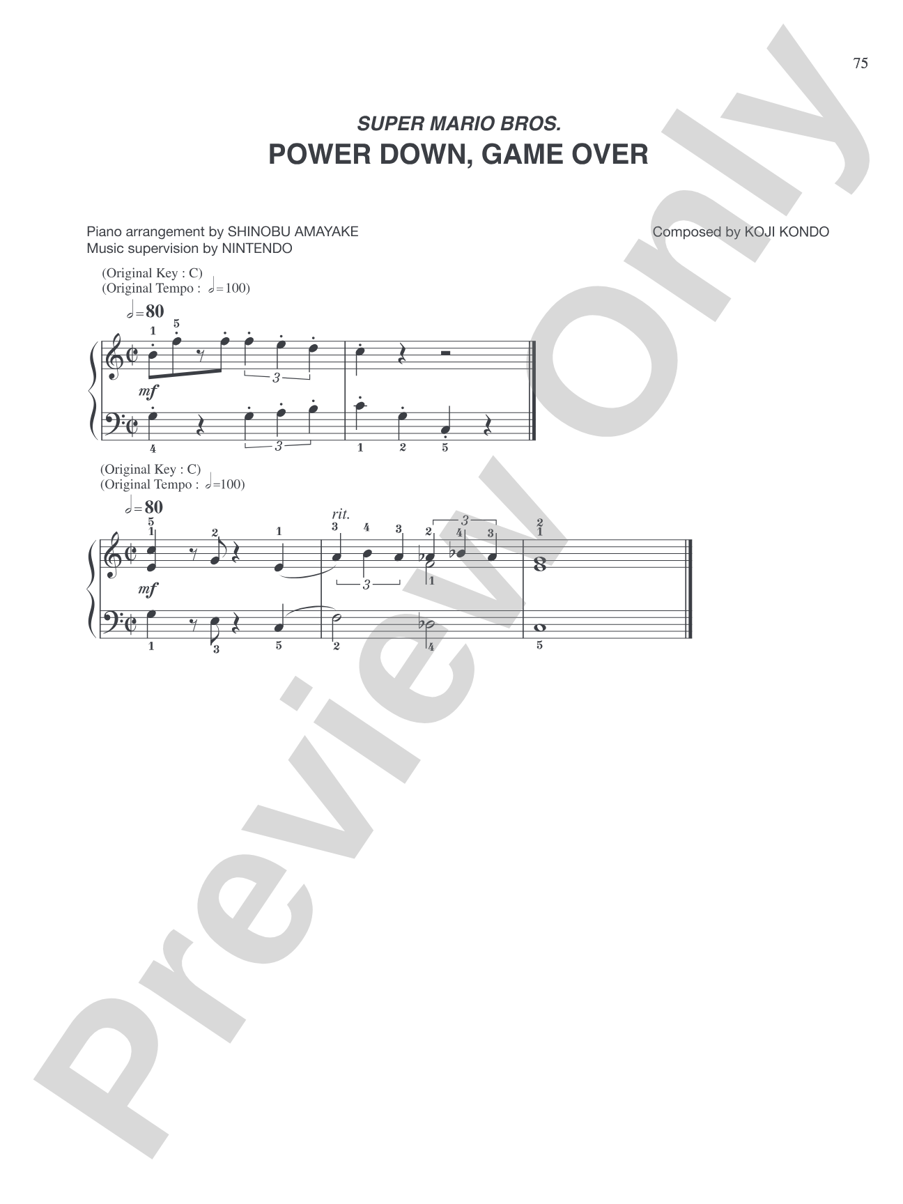 Super Mario Bros. Power Down Game Over: Easy Piano
