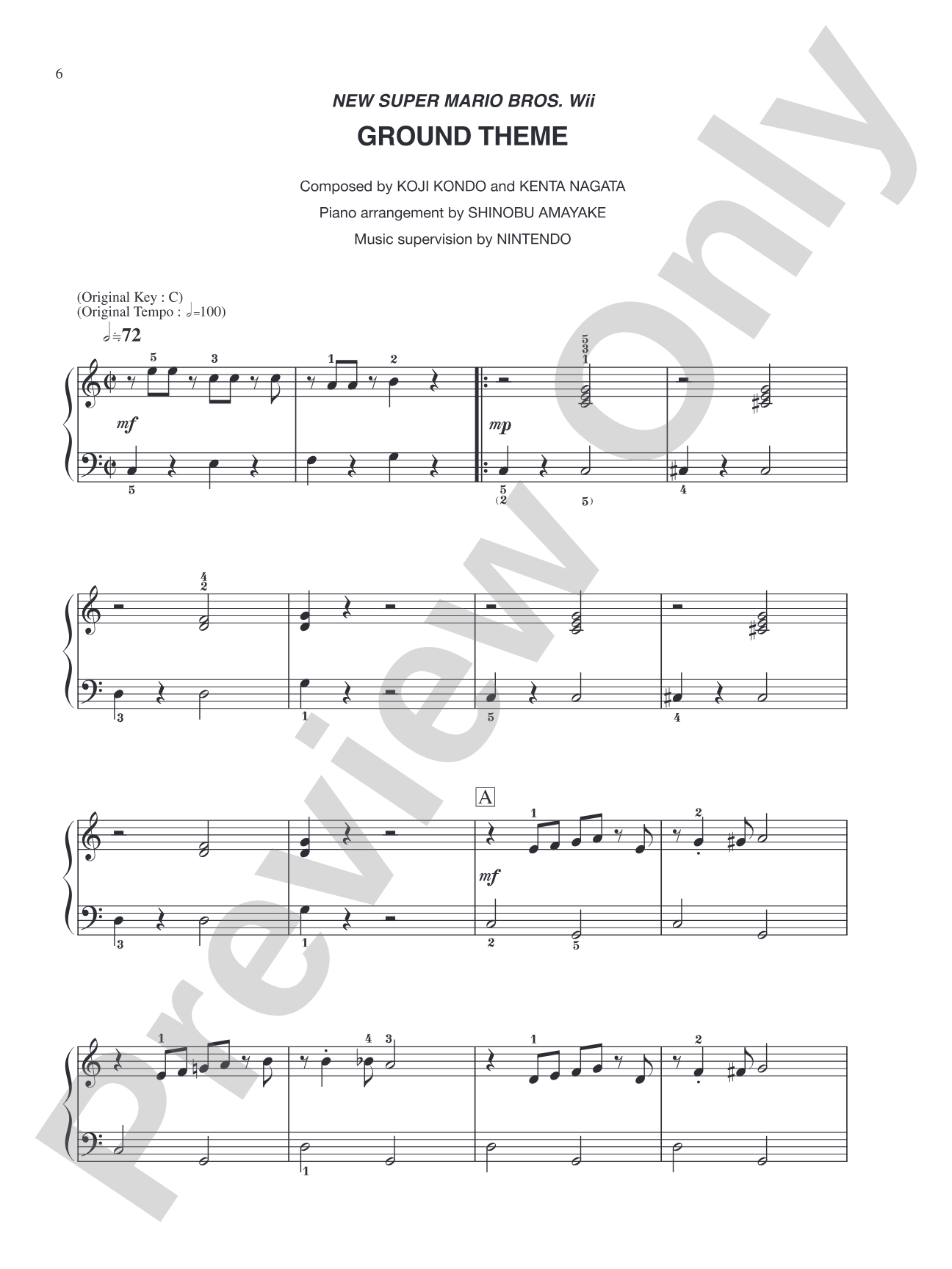 New Super Mario Bros. Wii Ground Theme: Easy Piano