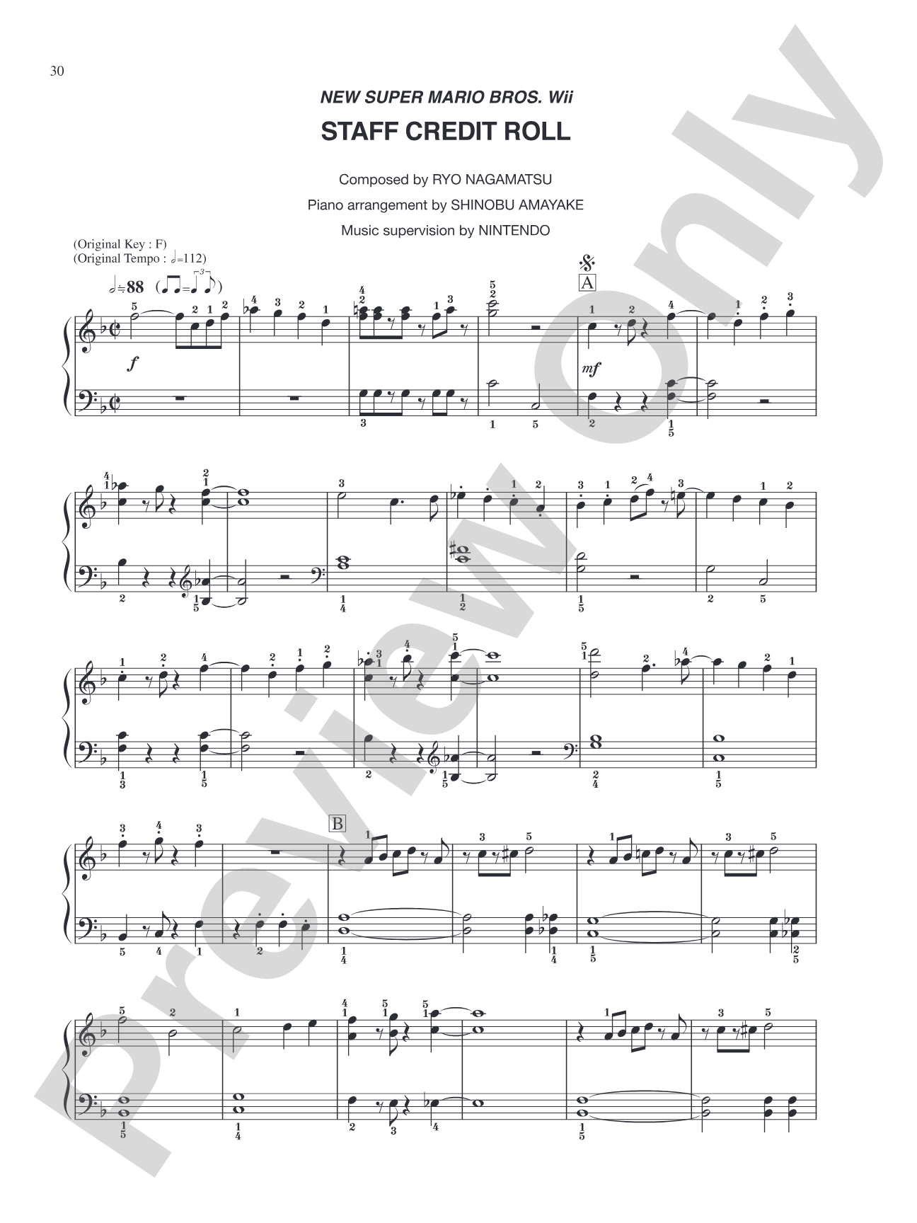 New Super Mario Bros. Wii Staff Credit Roll: Easy Piano