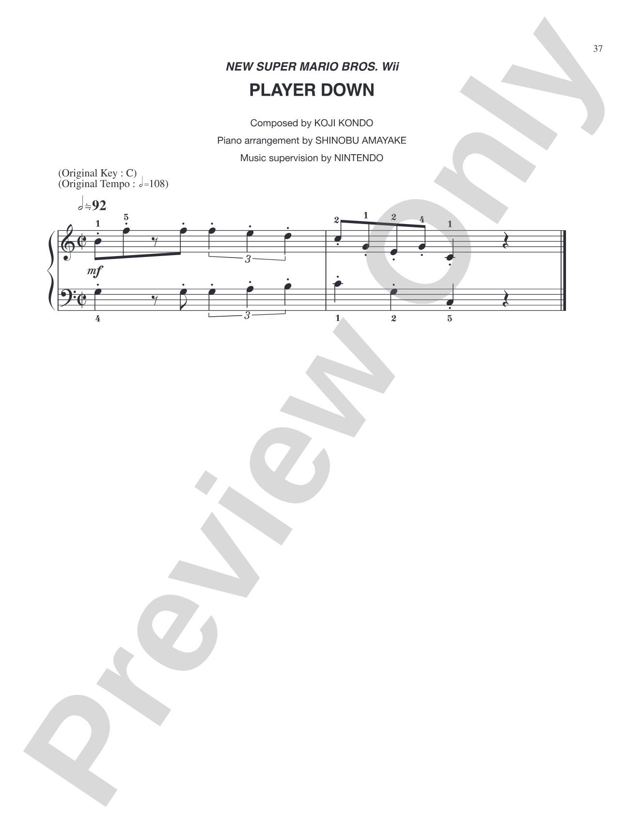 New Super Mario Bros. Wii Player Down: Easy Piano