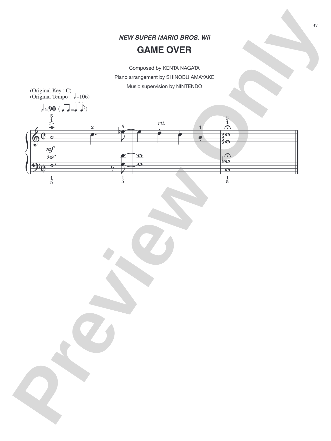 New Super Mario Bros. Wii Game Over: Easy Piano