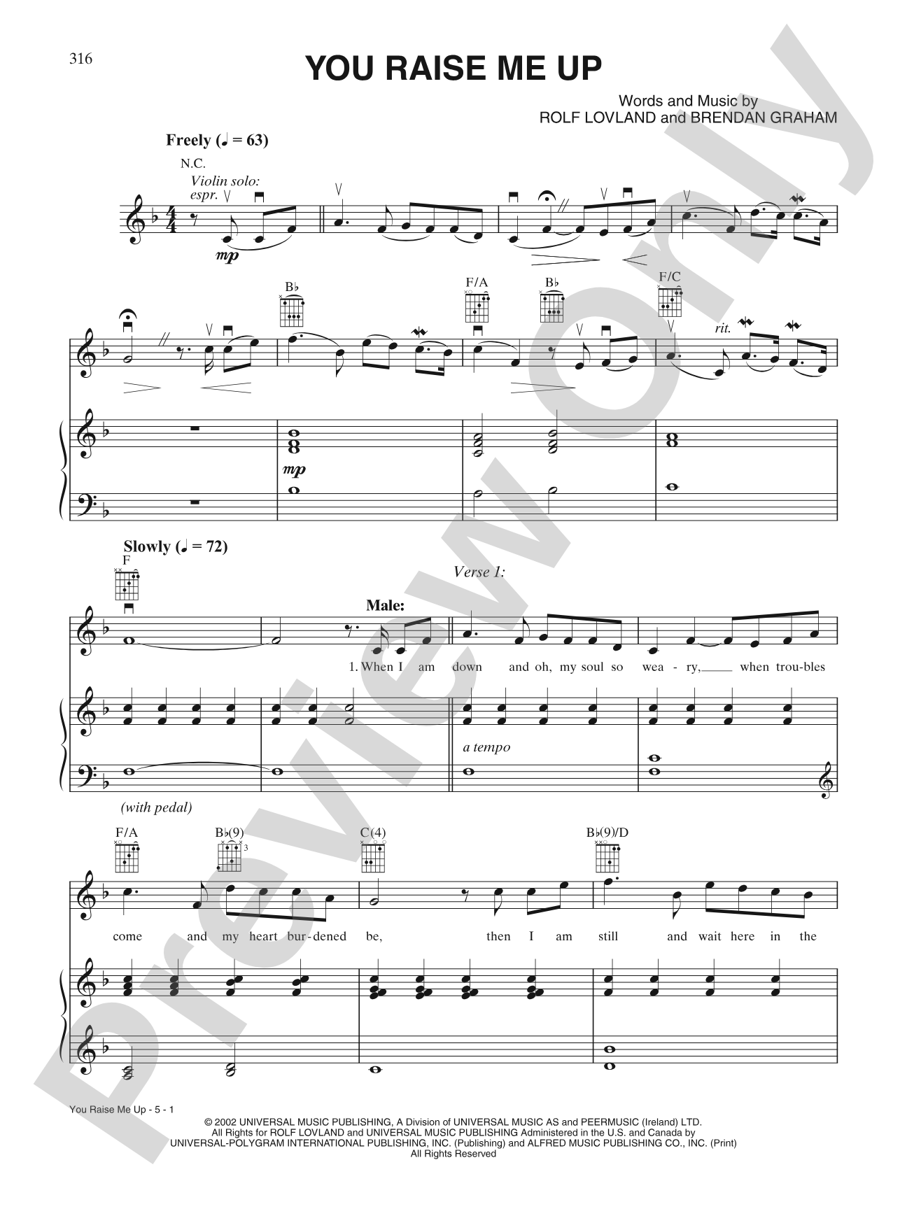 You Raise Me Up: Piano/Vocal/Chords