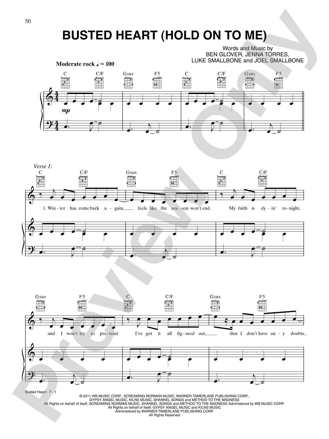 Busted Heart (Hold on to Me): Piano/Vocal/Chords