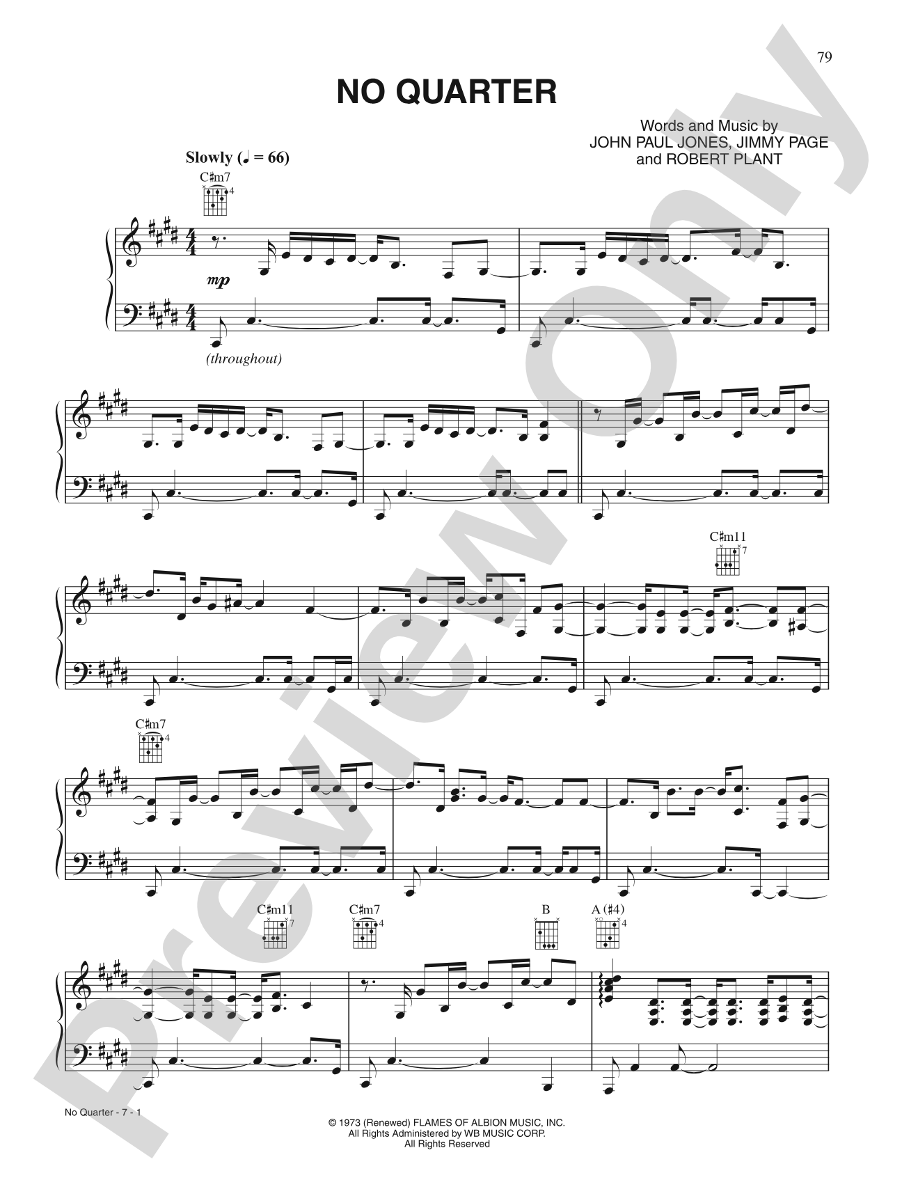 No Quarter: Piano/Vocal/Chords