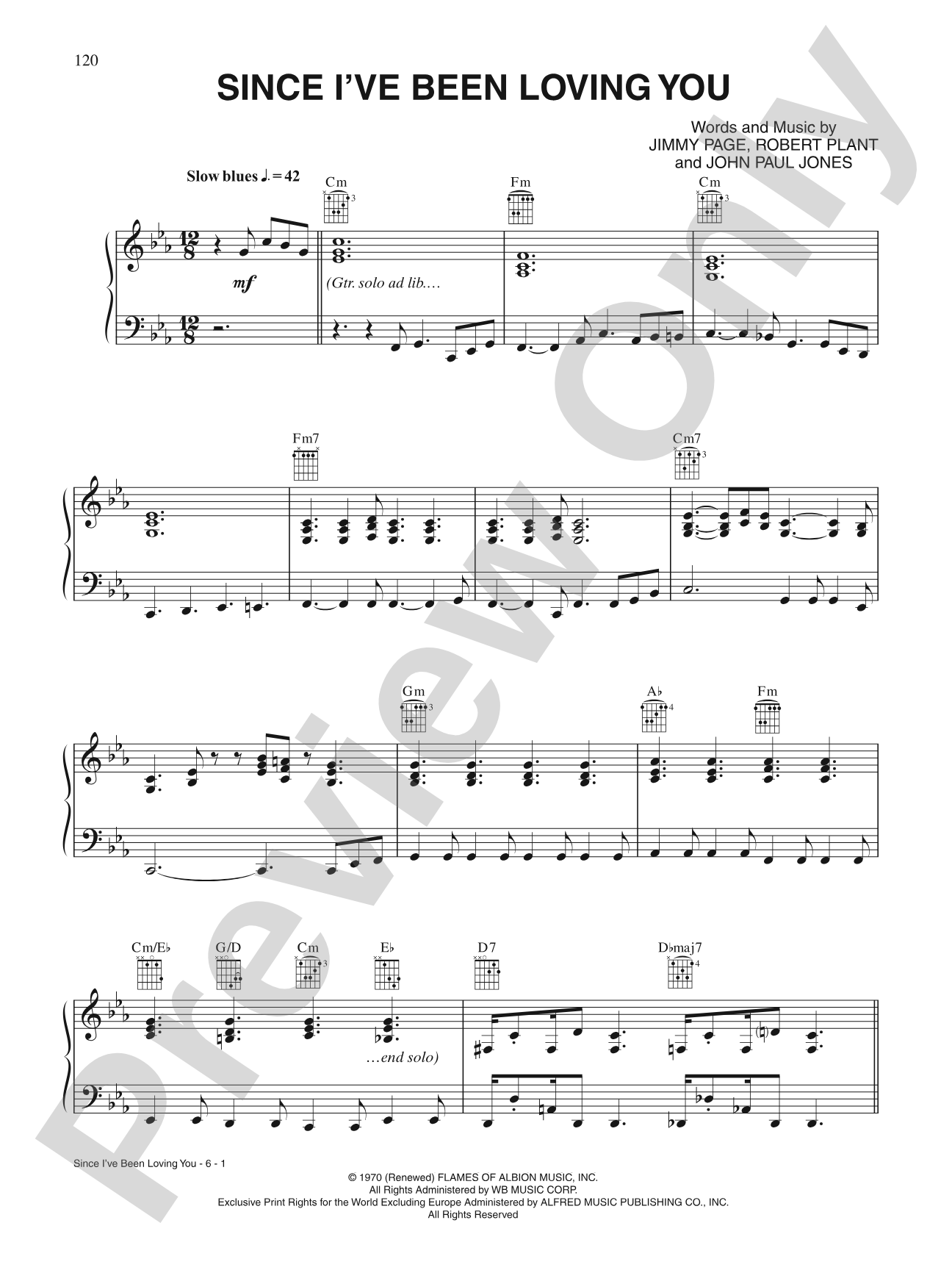 Since I've Been Loving You: Piano/Vocal/Chords