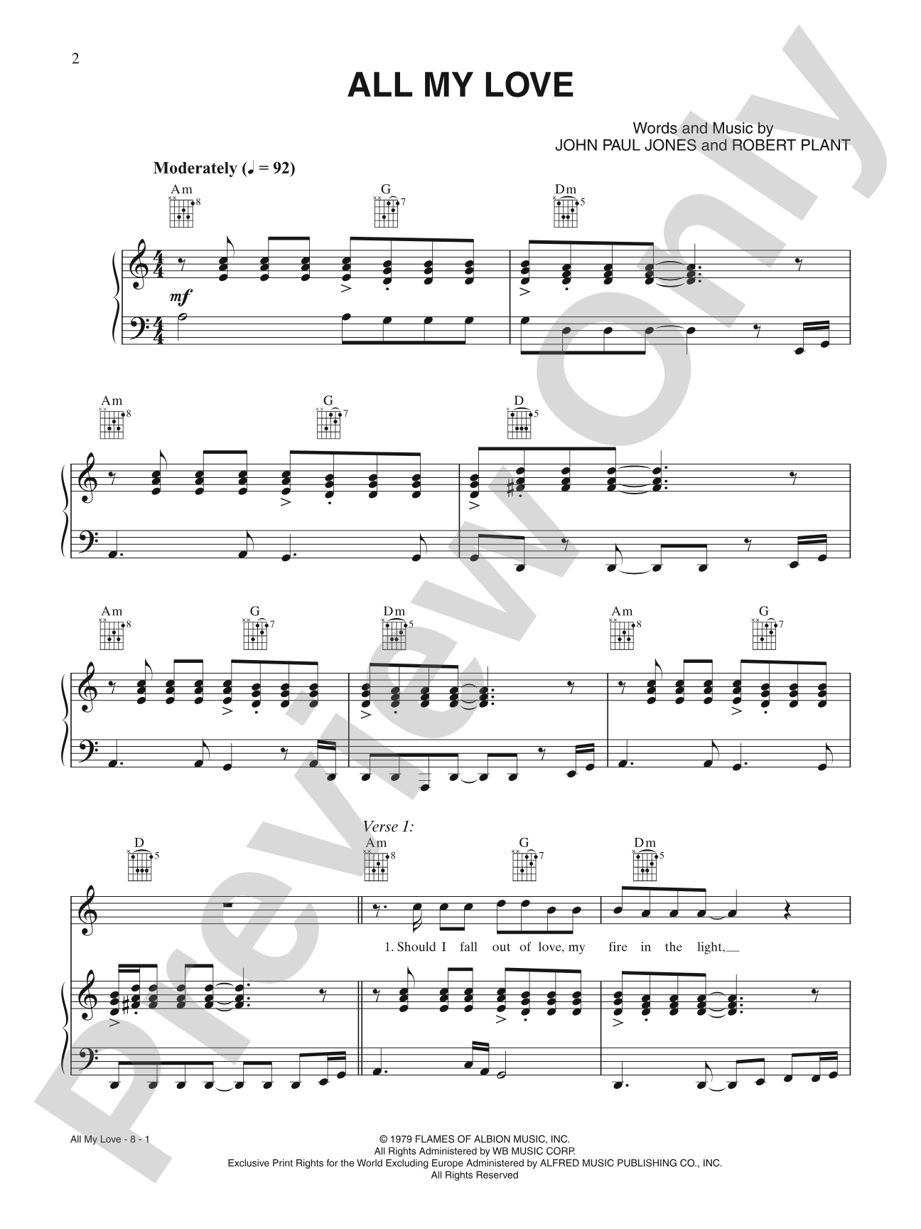 All My Love: Piano/Vocal/Chords