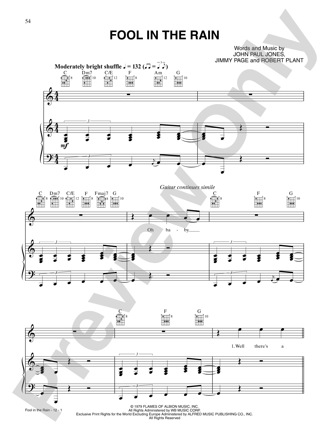 Fool in the Rain: Piano/Vocal/Chords