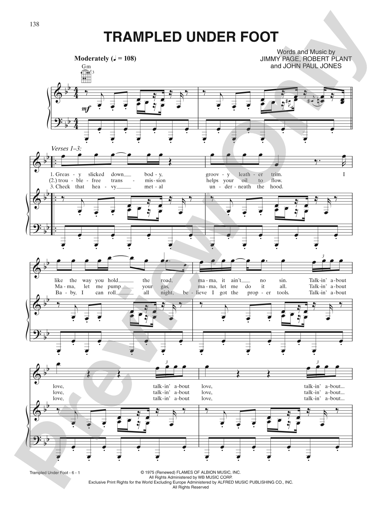 Trampled Under Foot: Piano/Vocal/Chords