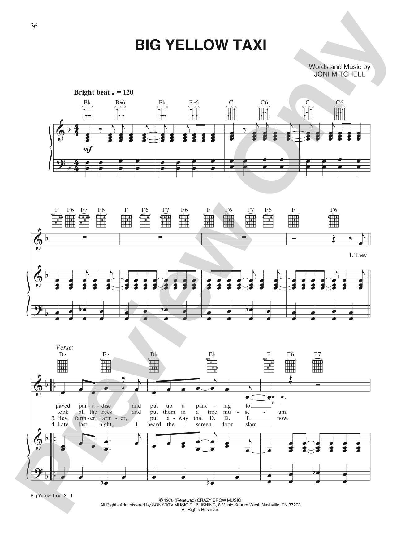 Big Yellow Taxi: Piano/Vocal/Chords