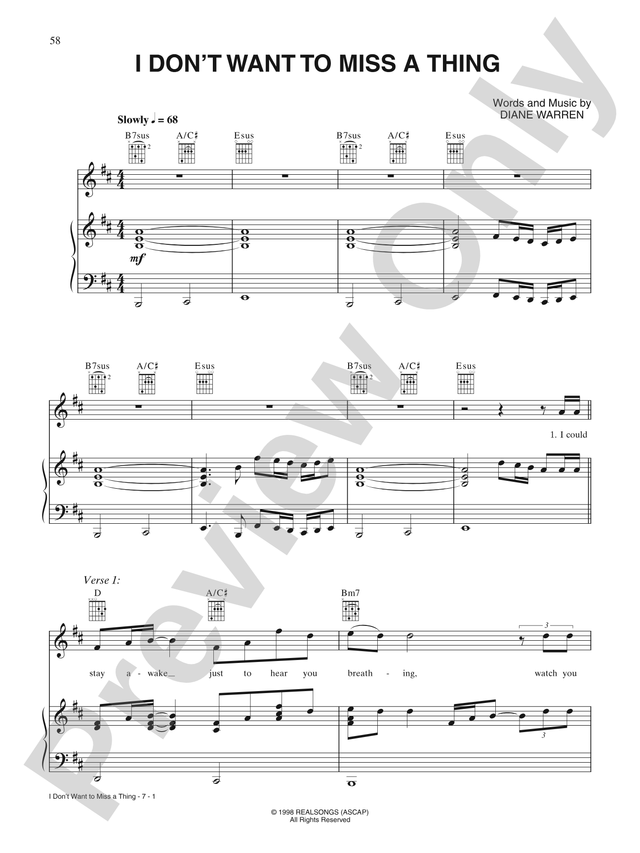 I Don't Want to Miss a Thing: Piano/Vocal/Chords