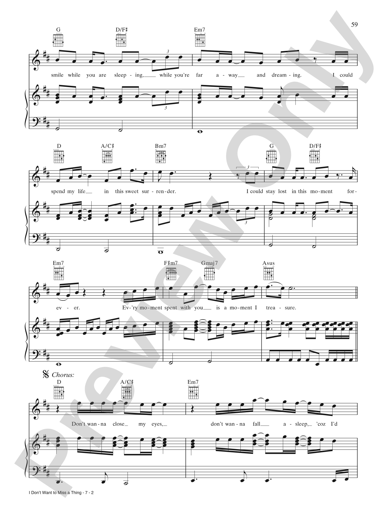 I Don't Want to Miss a Thing: Piano/Vocal/Chords