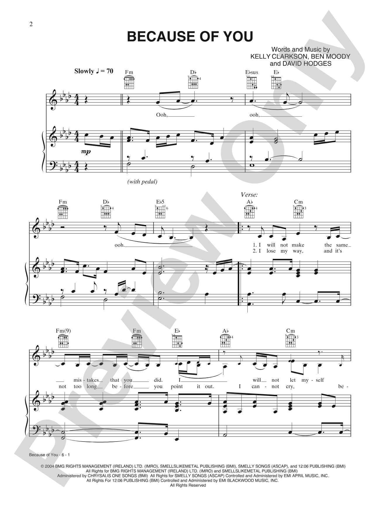 Because of You: Piano/Vocal/Chords