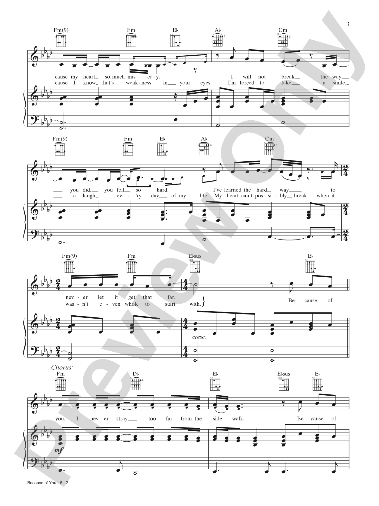 Because of You: Piano/Vocal/Chords