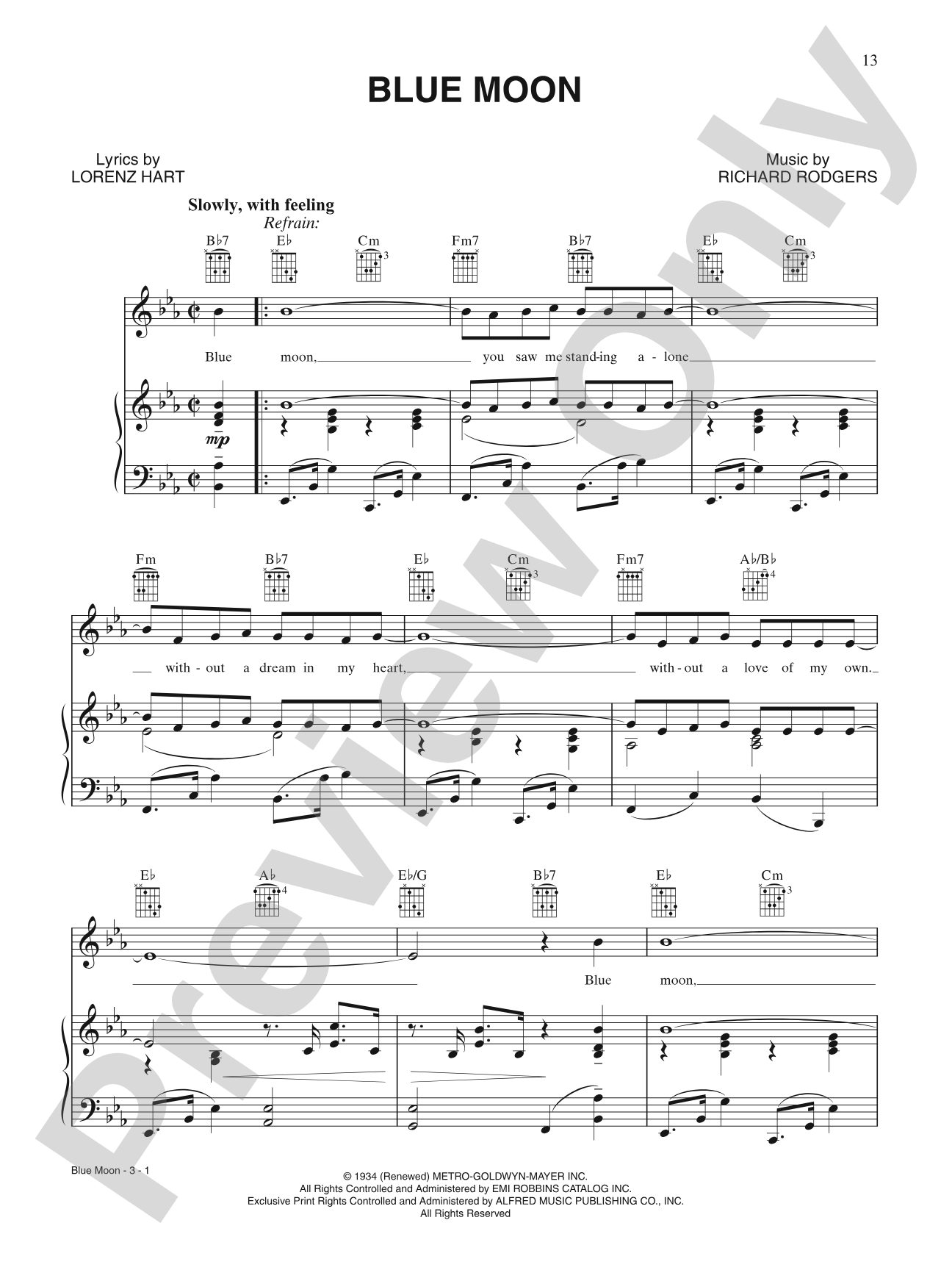 Blue Moon: Piano/Vocal/Chords