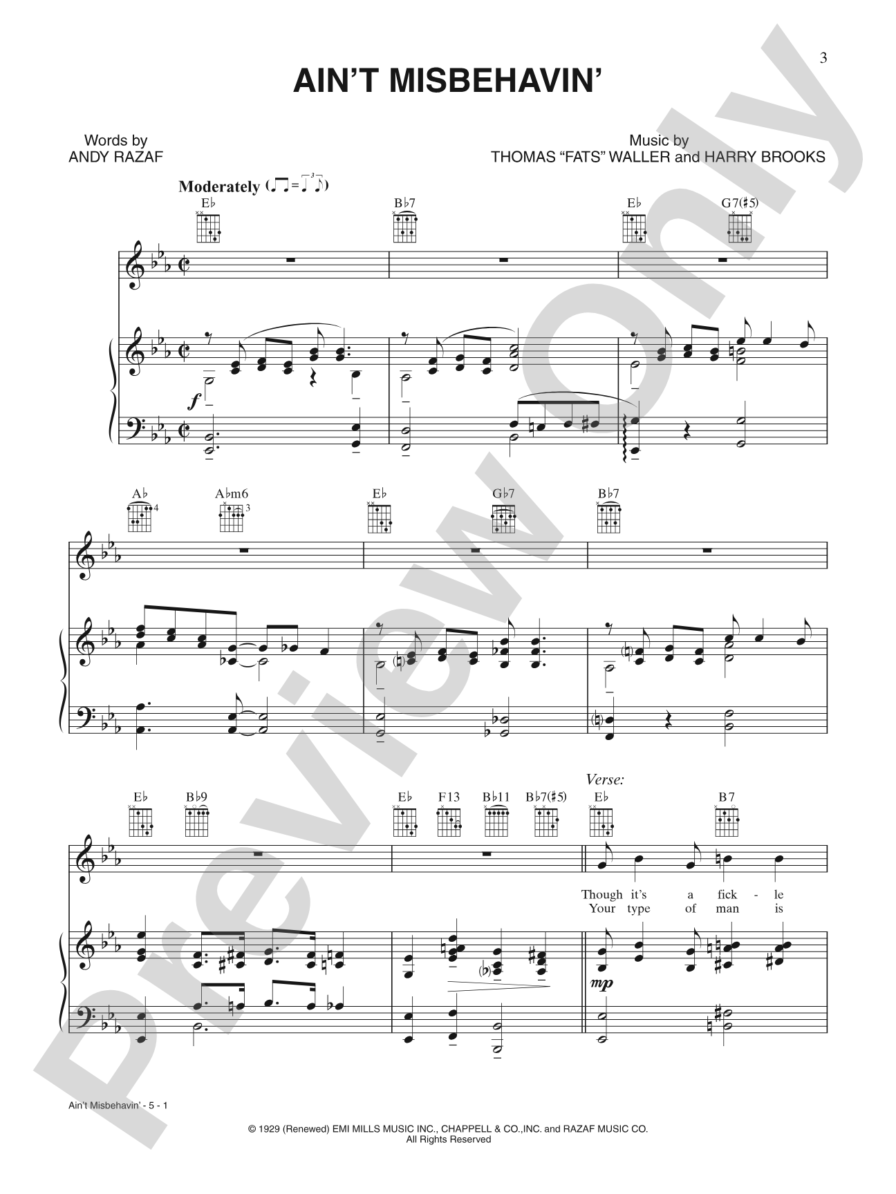 Ain't Misbehavin': Piano/Vocal/Chords