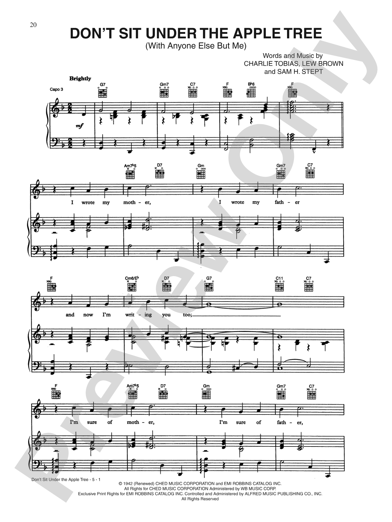 Don't Sit Under the Apple Tree (With Anyone Else But Me): Piano/Vocal/Chords
