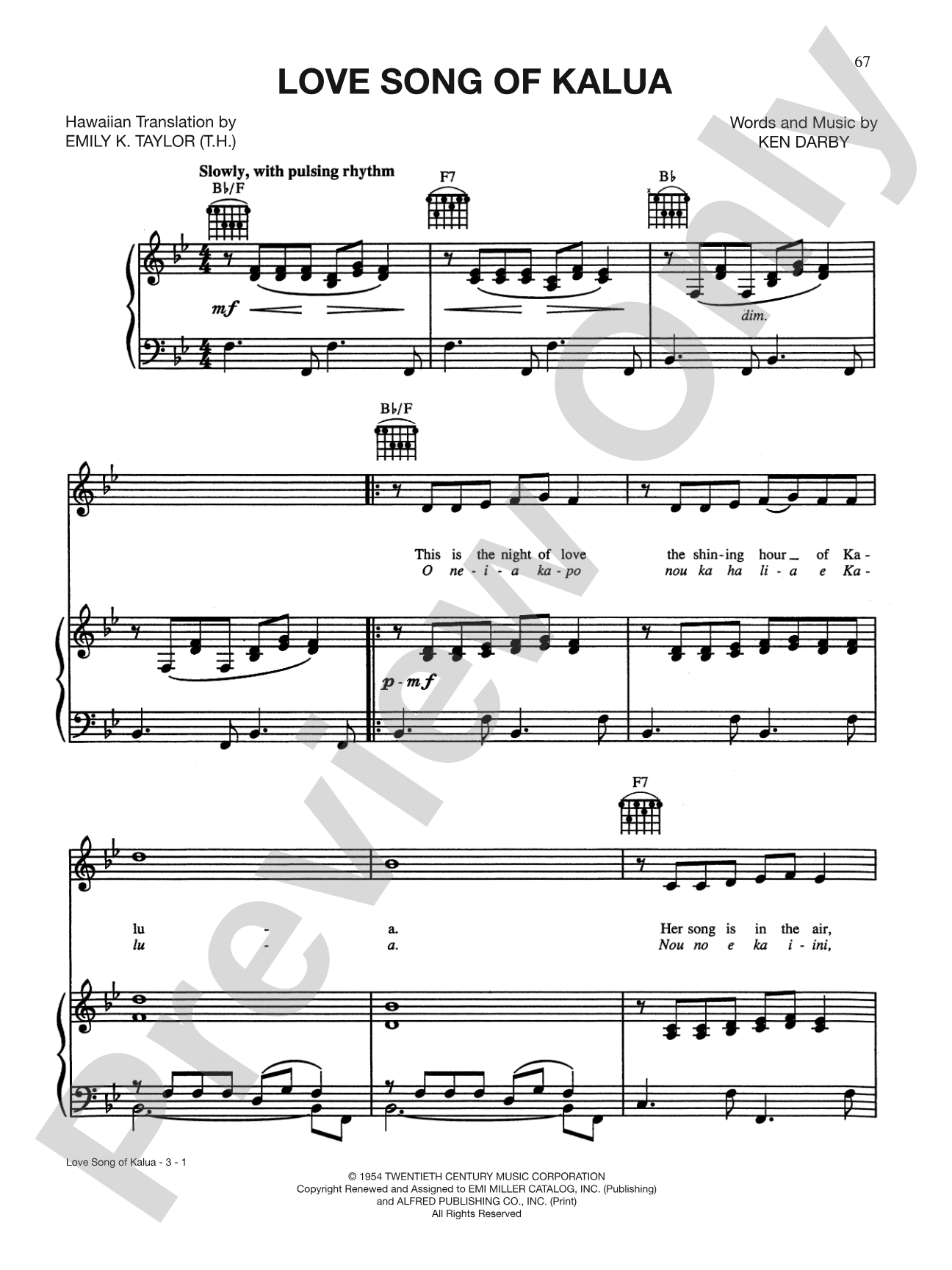 Love Song of Kalua: Piano/Vocal/Chords