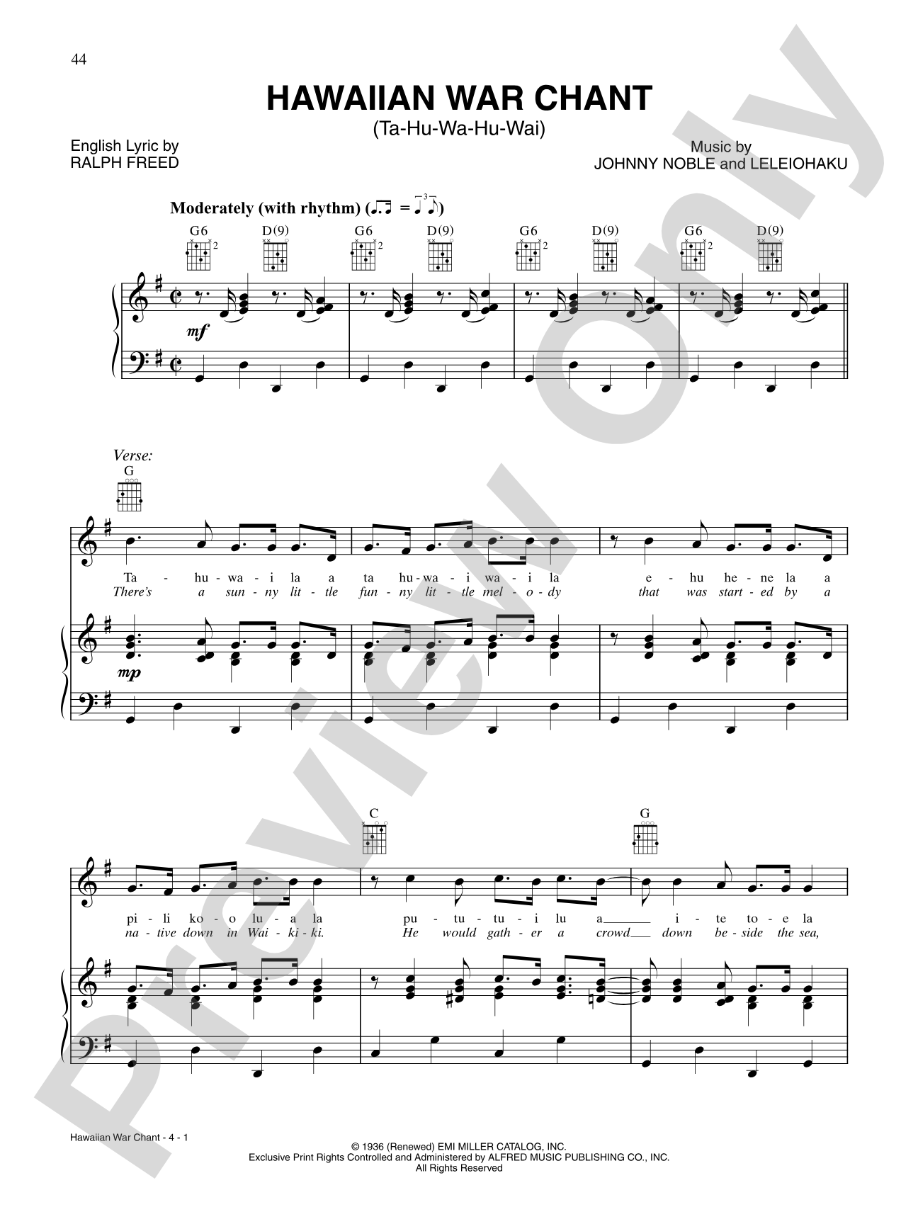 Hawaiian War Chant (Ta-Hu-Wa-Hu-Wai): Piano/Vocal/Chords