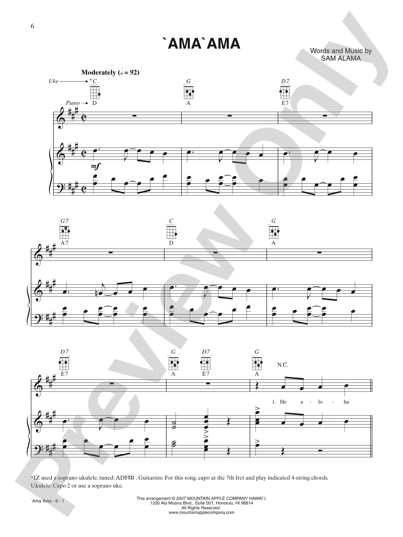 ‘Ama ‘Ama: Piano/Vocal/Chords