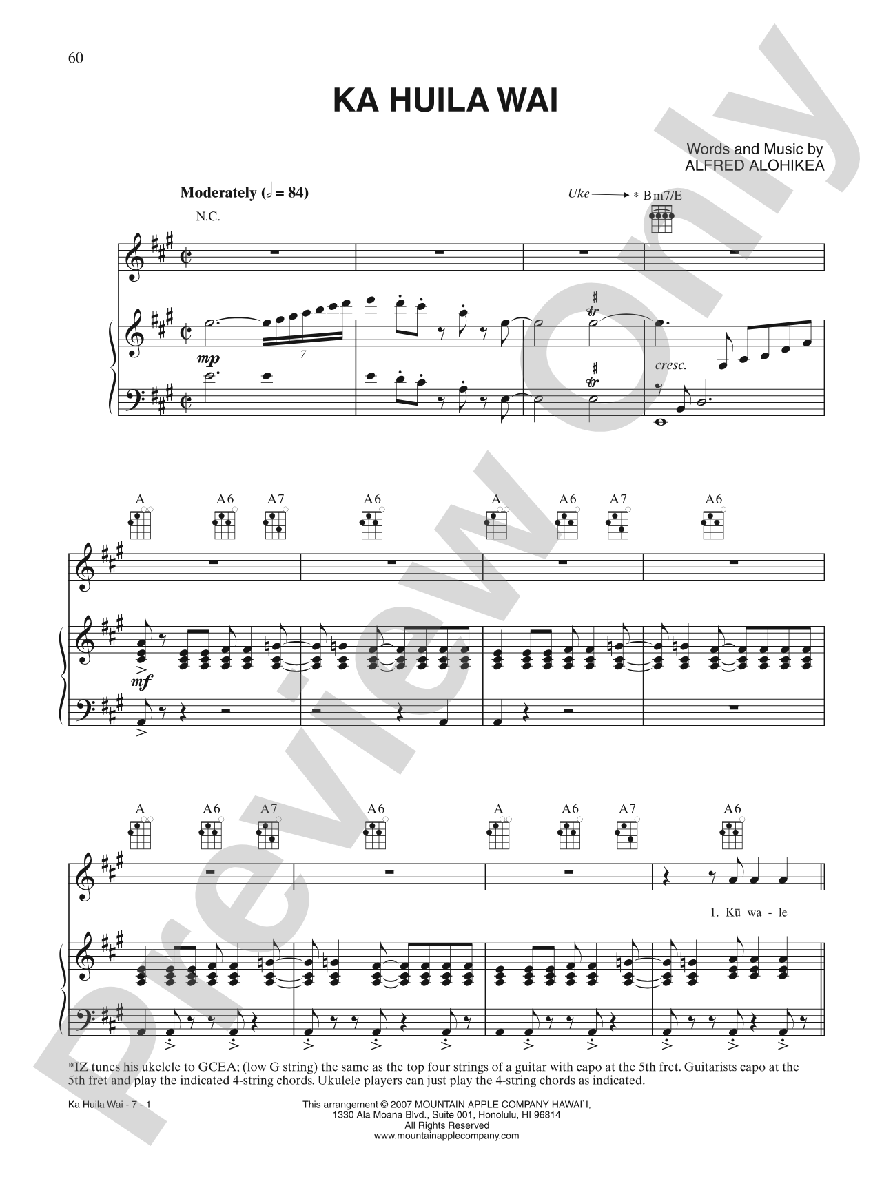 Ka Huila Wai: Piano/Vocal/Chords