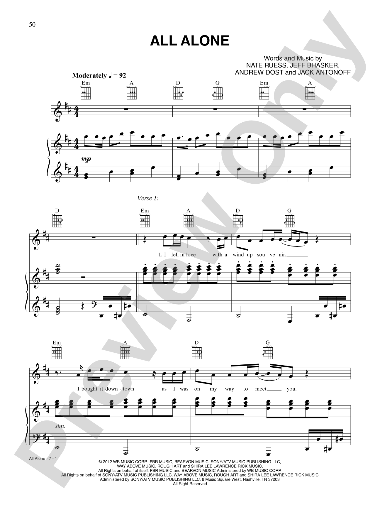 All Alone: Piano/Vocal/Chords