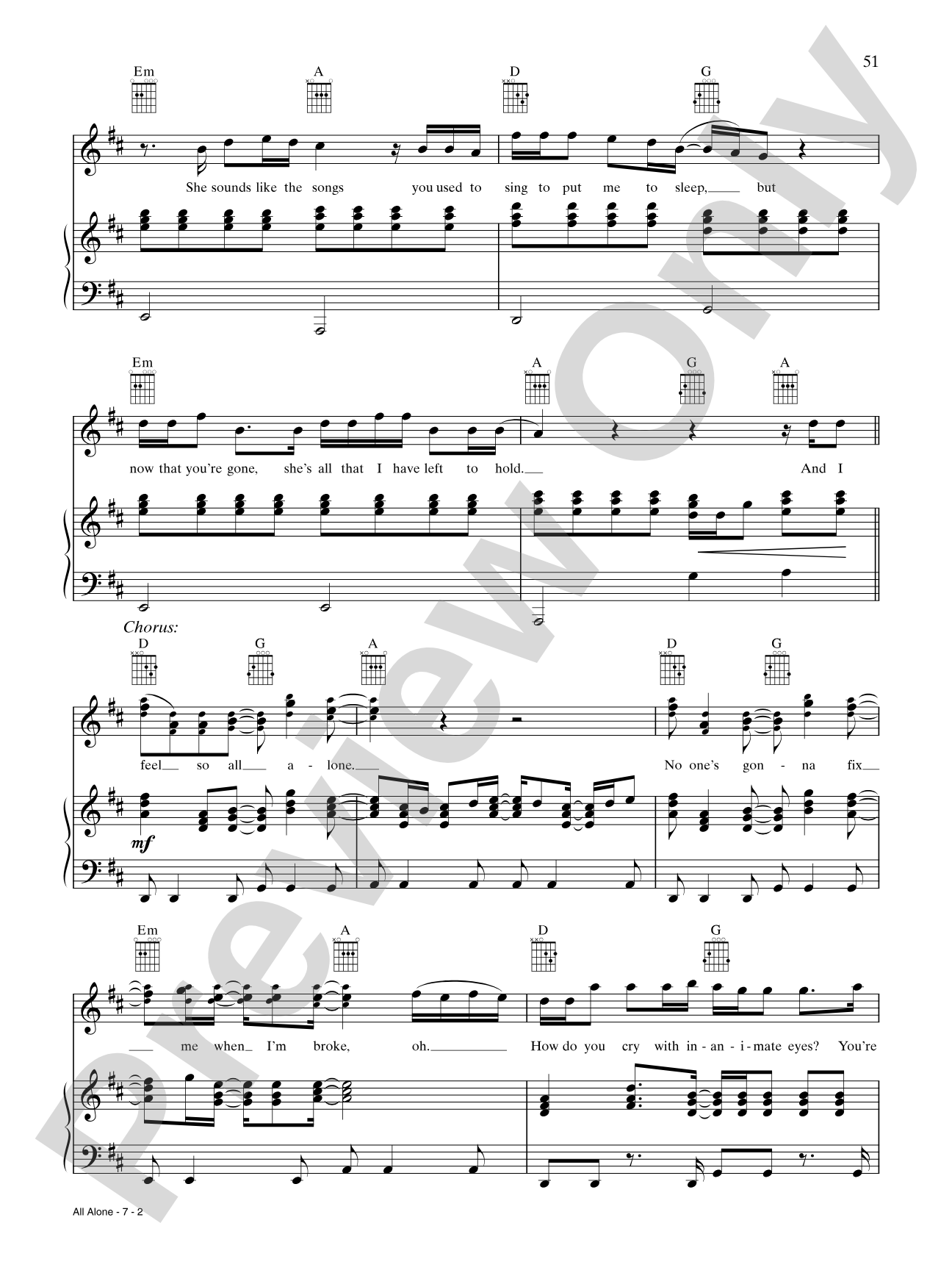 All Alone: Piano/Vocal/Chords