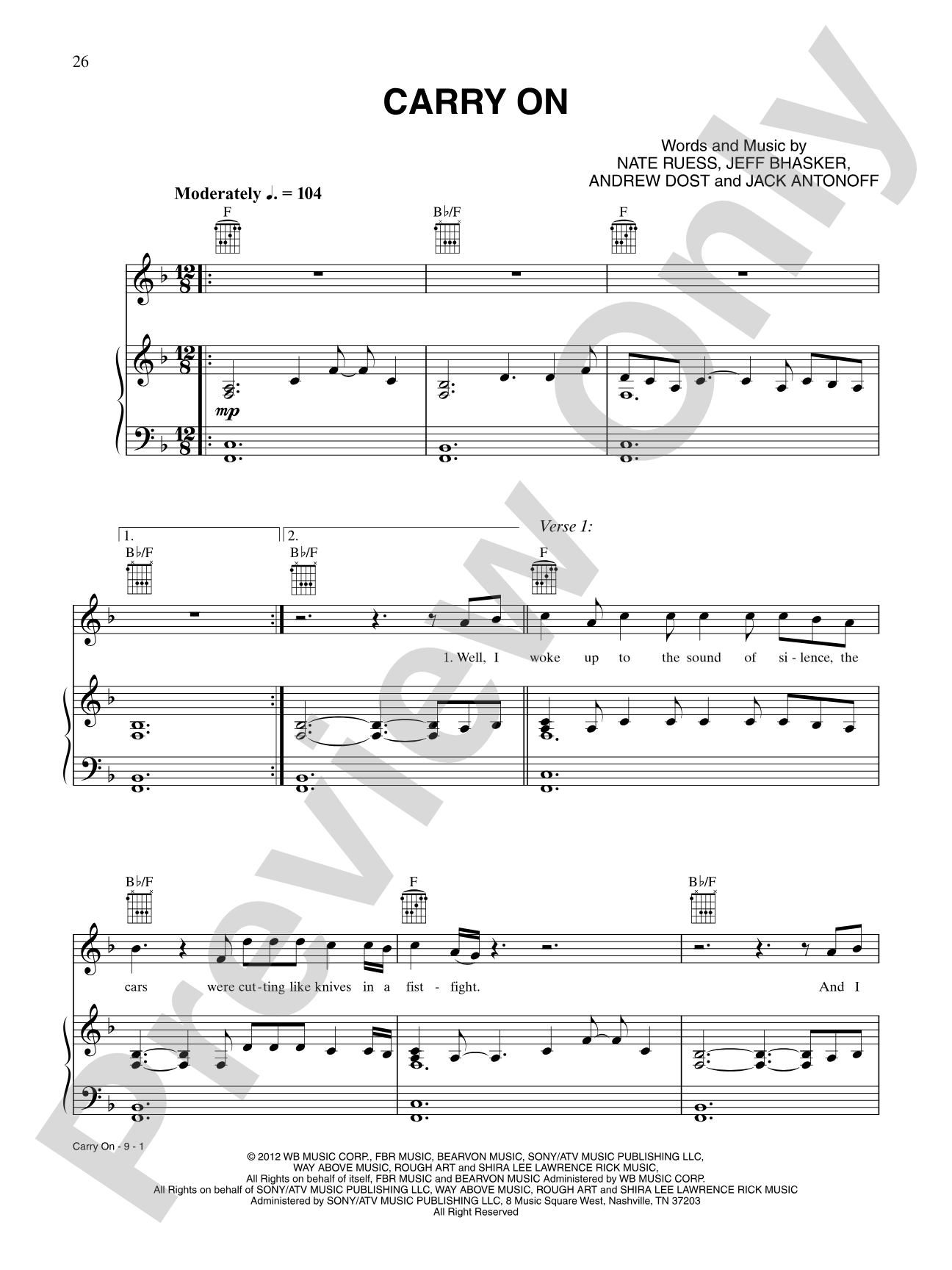 Carry On: Piano/Vocal/Chords