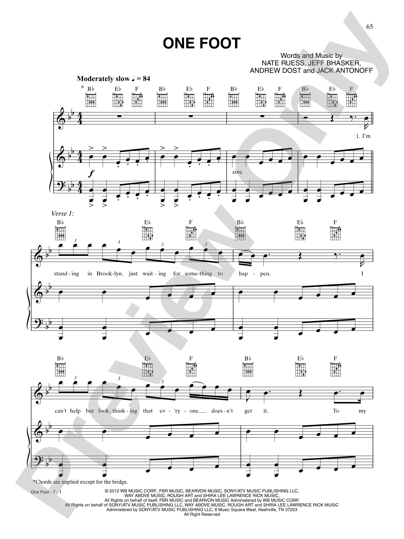 One Foot: Piano/Vocal/Chords