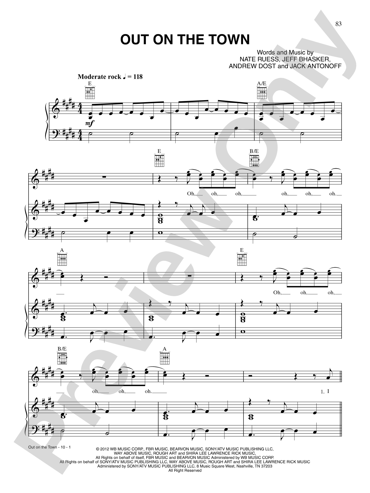 Out on the Town: Piano/Vocal/Chords