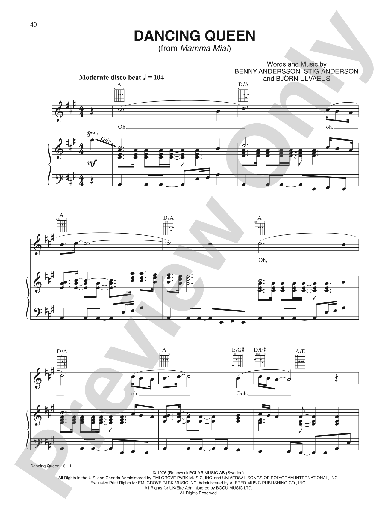 Dancing Queen: Piano/Vocal/Chords