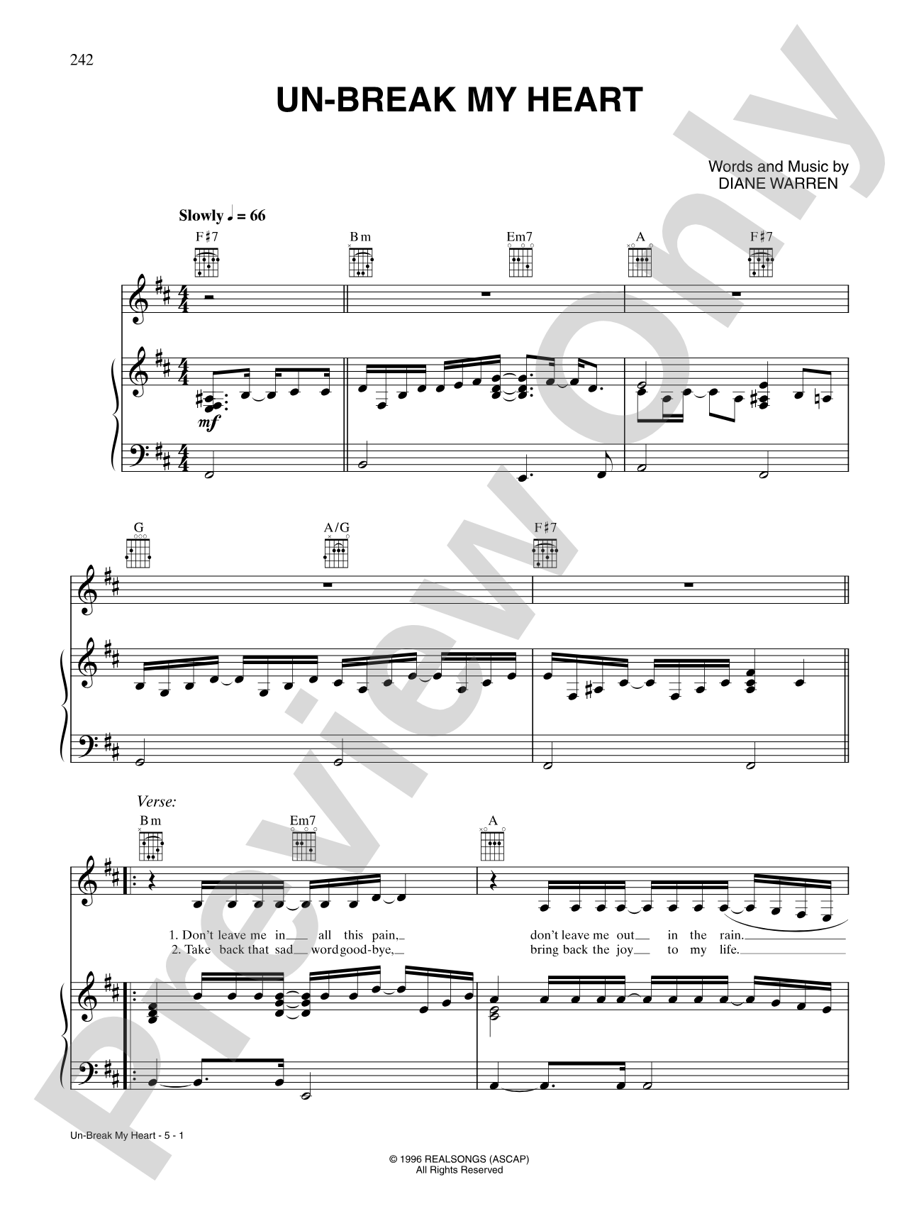 Un-Break My Heart: Piano/Vocal/Chords