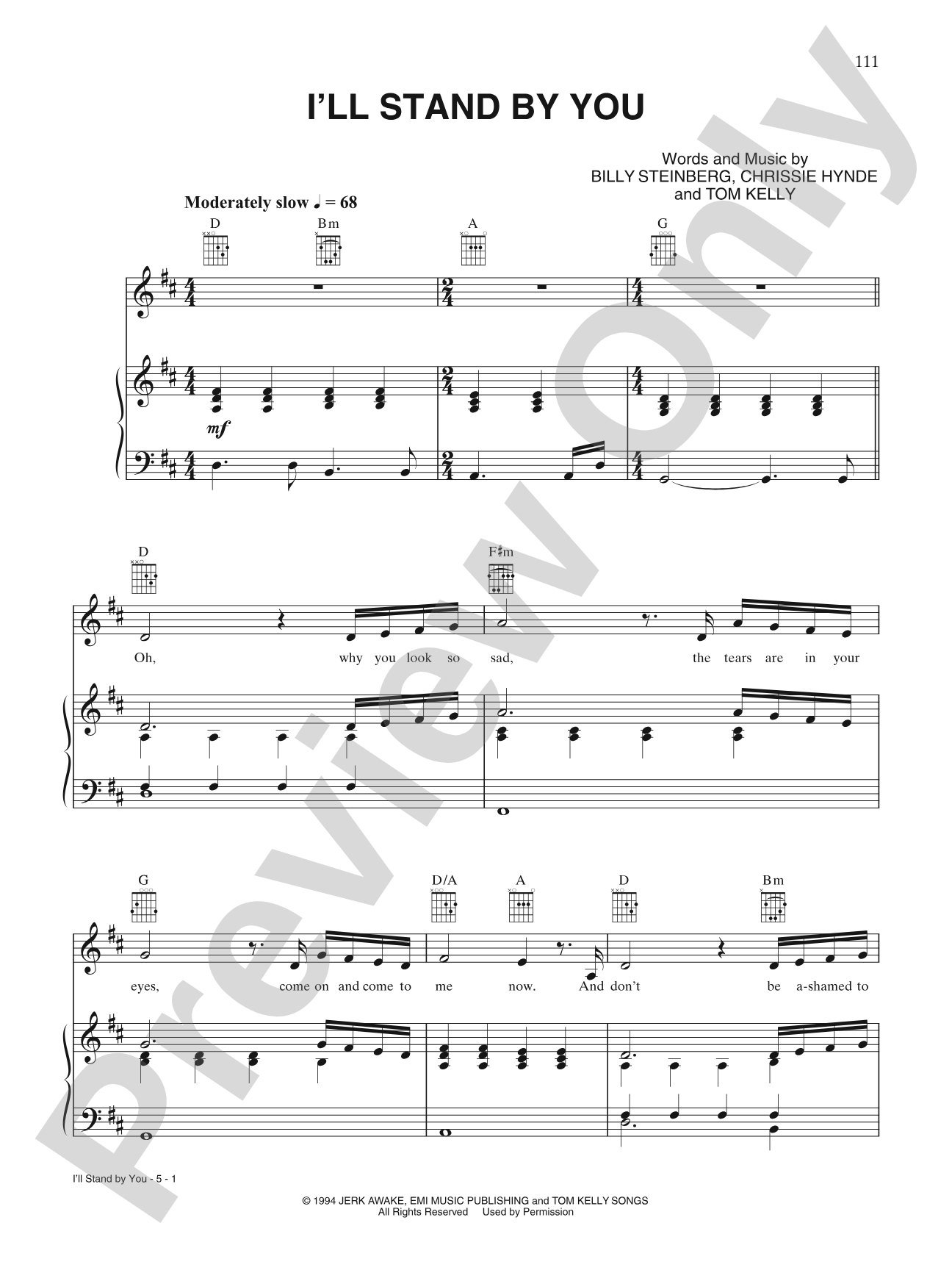 I'll Stand by You: Piano/Vocal/Chords