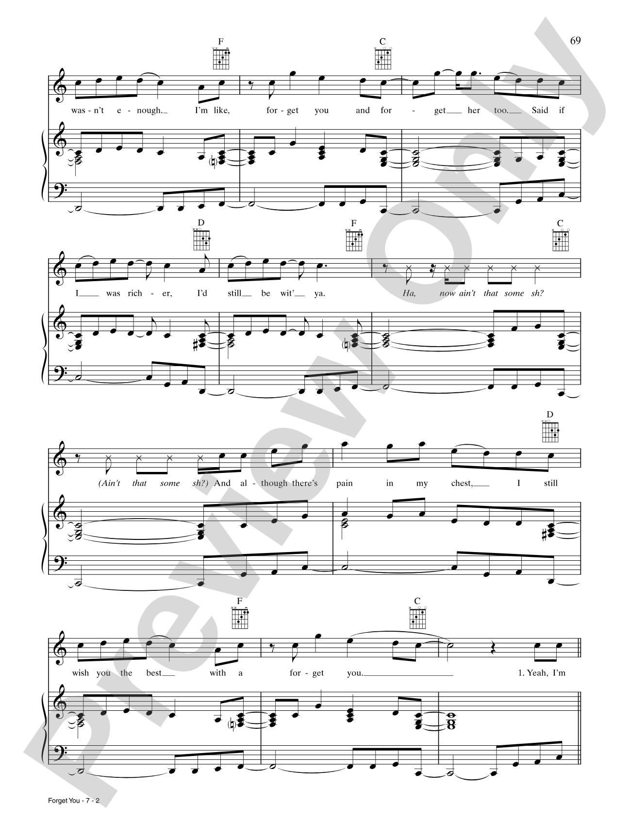 Forget You: Piano/Vocal/Chords