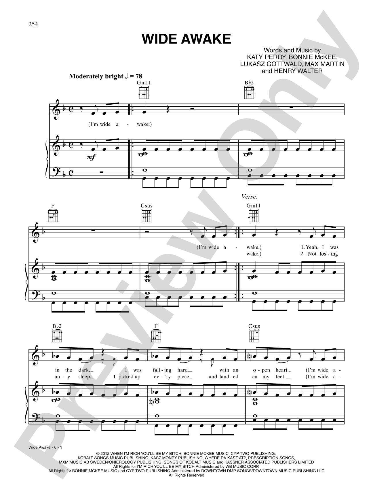 Wide Awake: Piano/Vocal/Chords