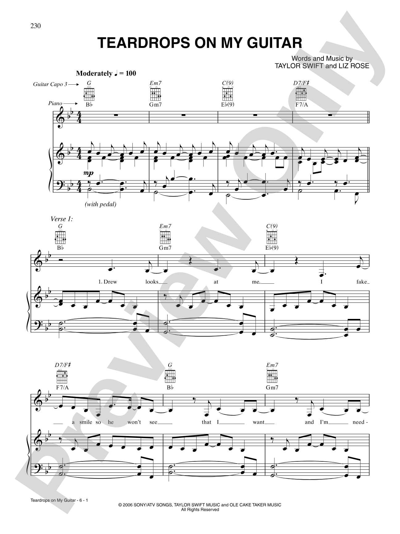 Teardrops on My Guitar: Piano/Vocal/Chords