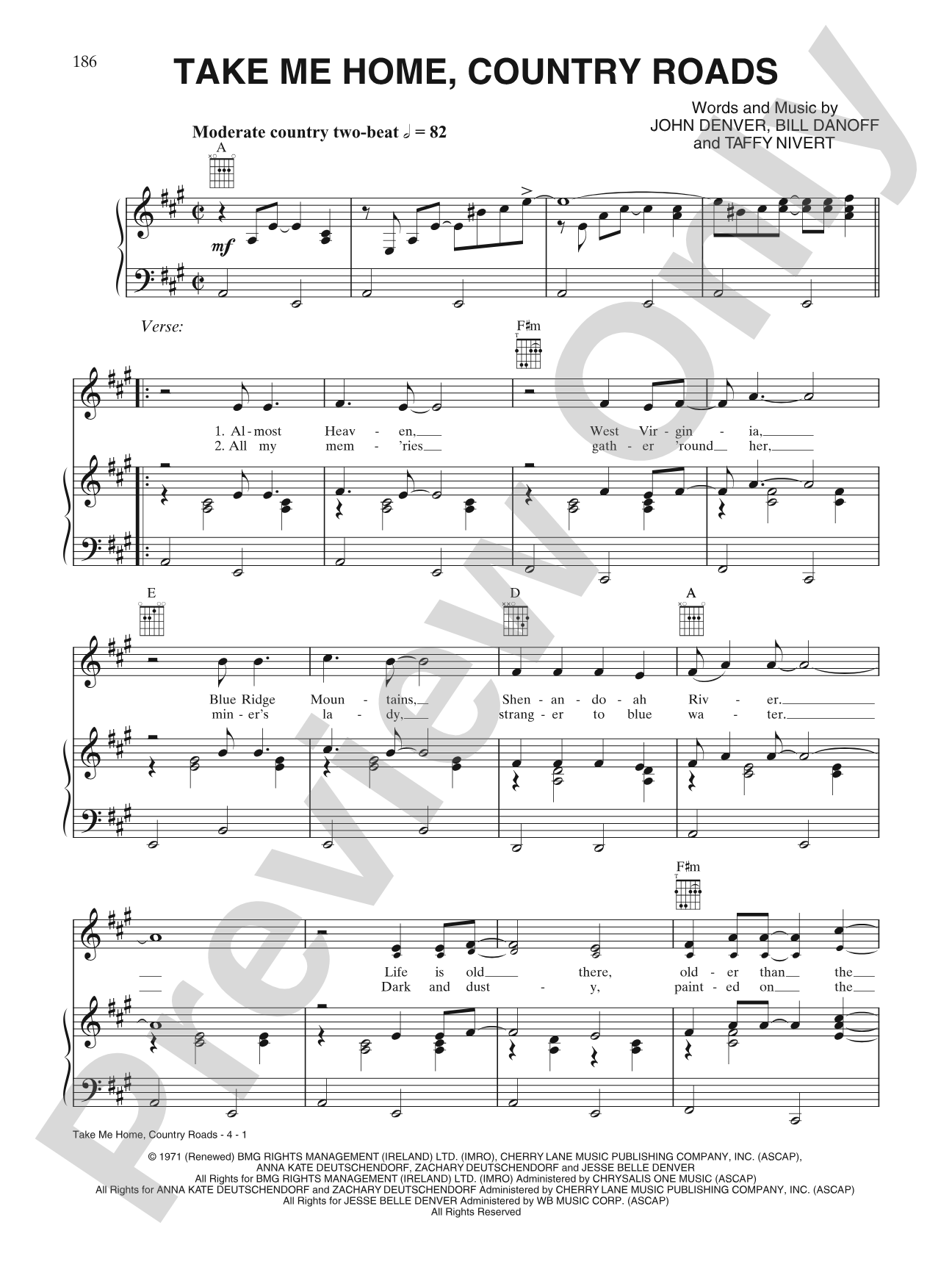 Take Me Home, Country Roads: Piano/Vocal/Chords