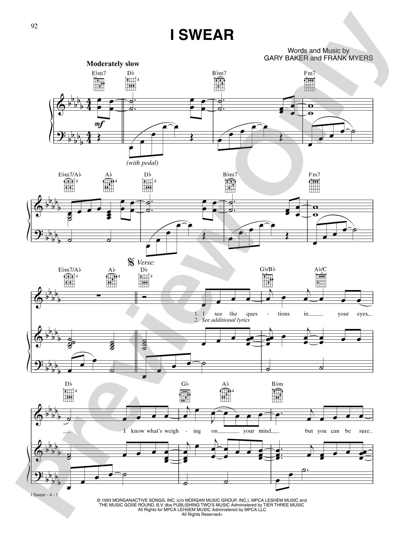 I Swear: Piano/Vocal/Chords