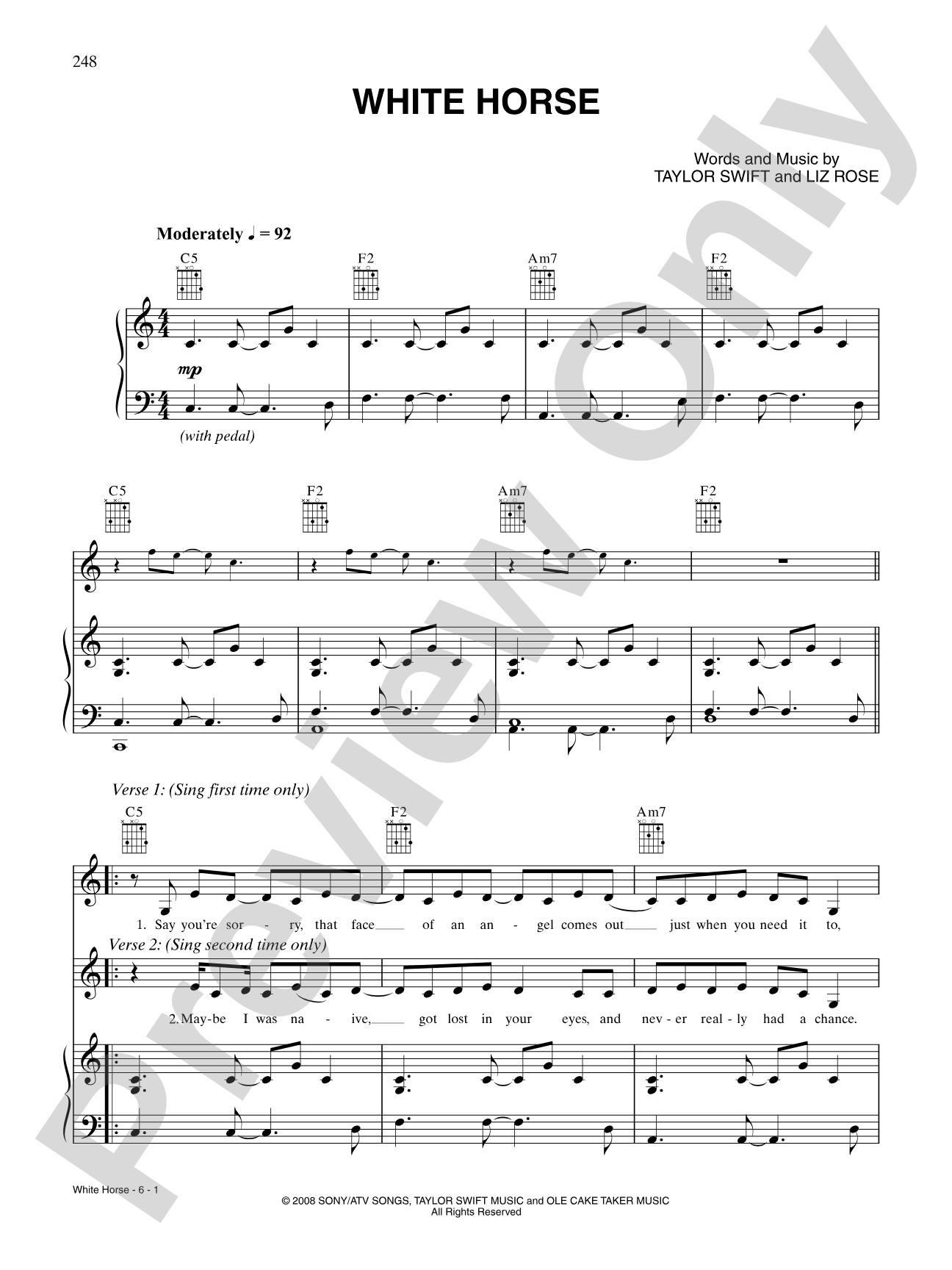 White Horse: Piano/Vocal/Chords