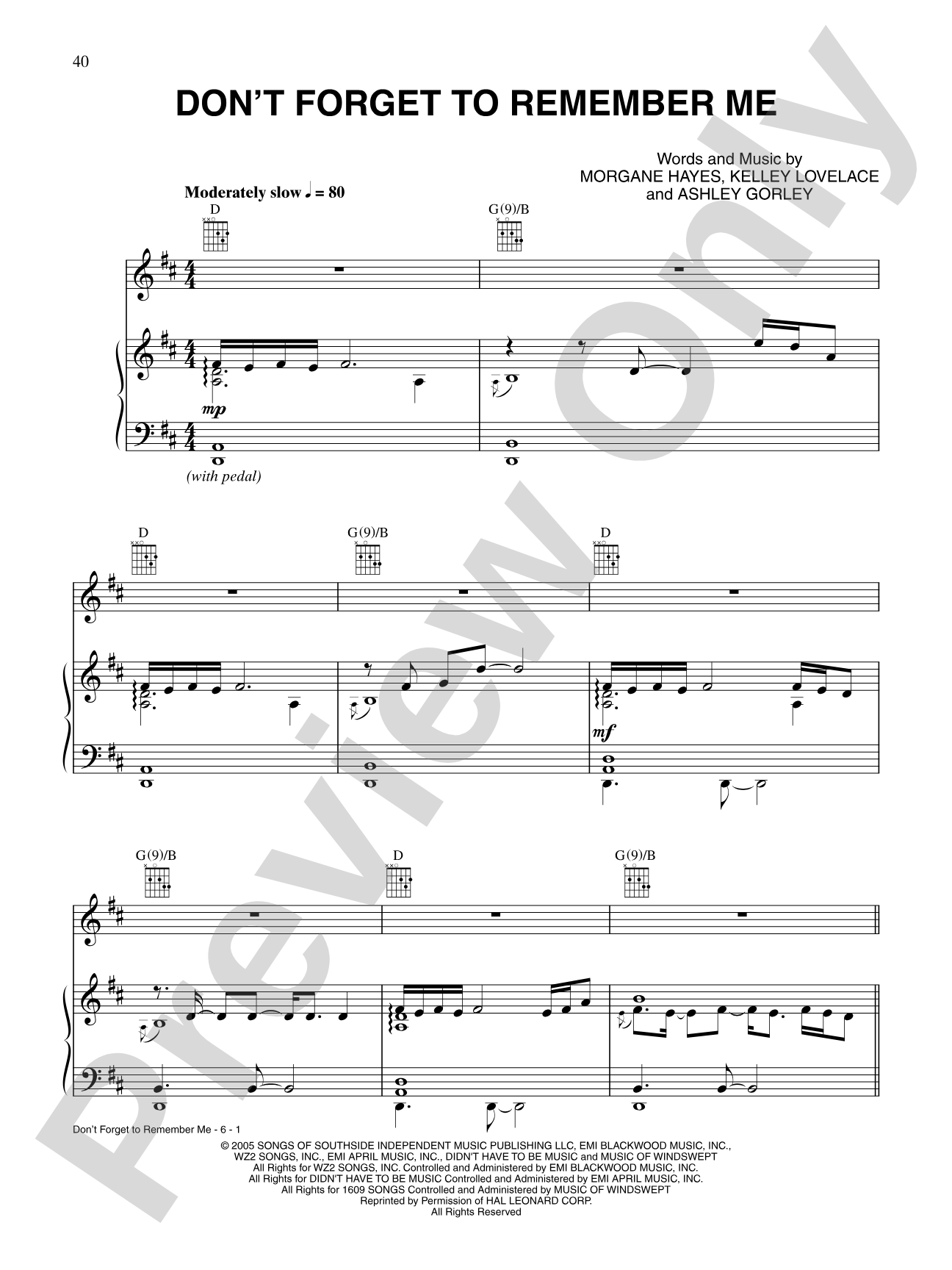 Don't Forget to Remember Me: Piano/Vocal/Chords