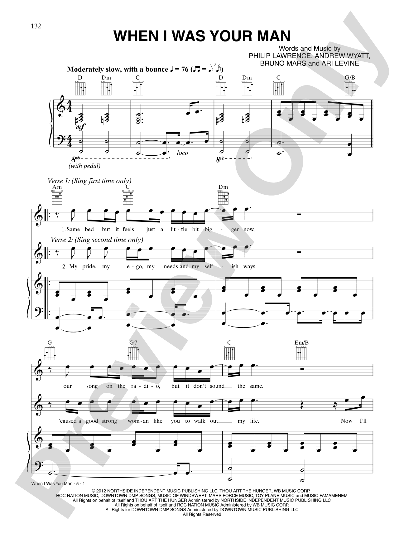 When I Was Your Man: Piano/Vocal/Chords