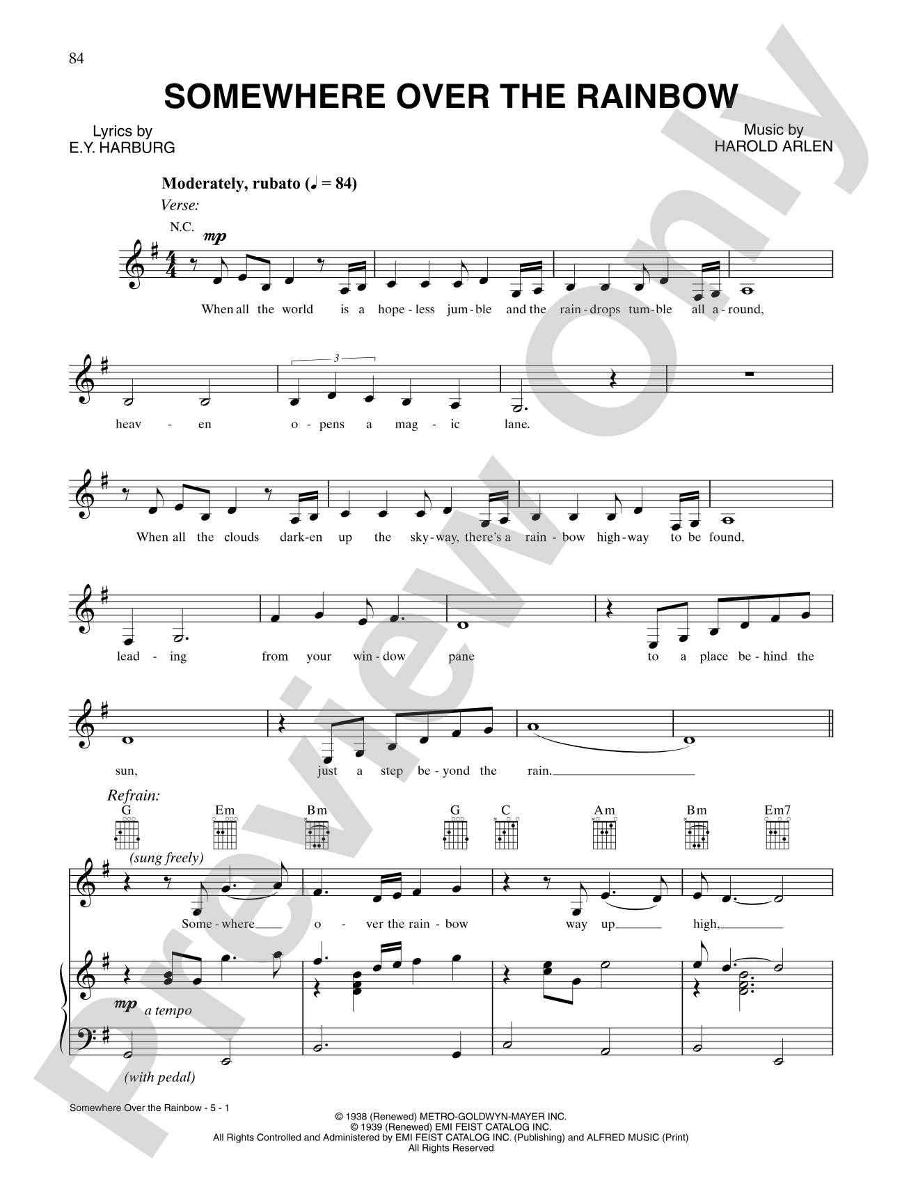 Somewhere Over the Rainbow: Piano/Vocal/Chords