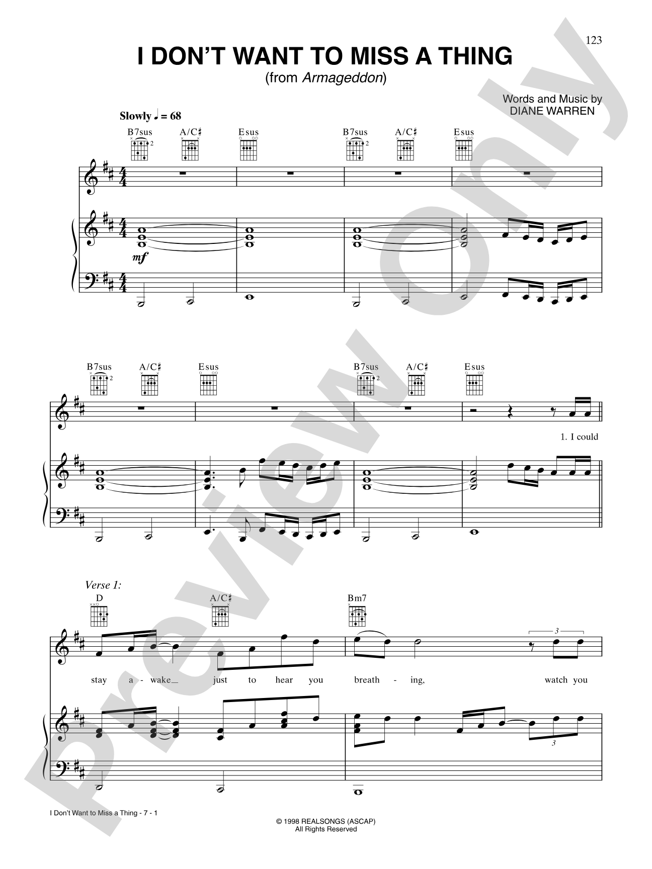 I Don't Want to Miss a Thing: Piano/Vocal/Chords