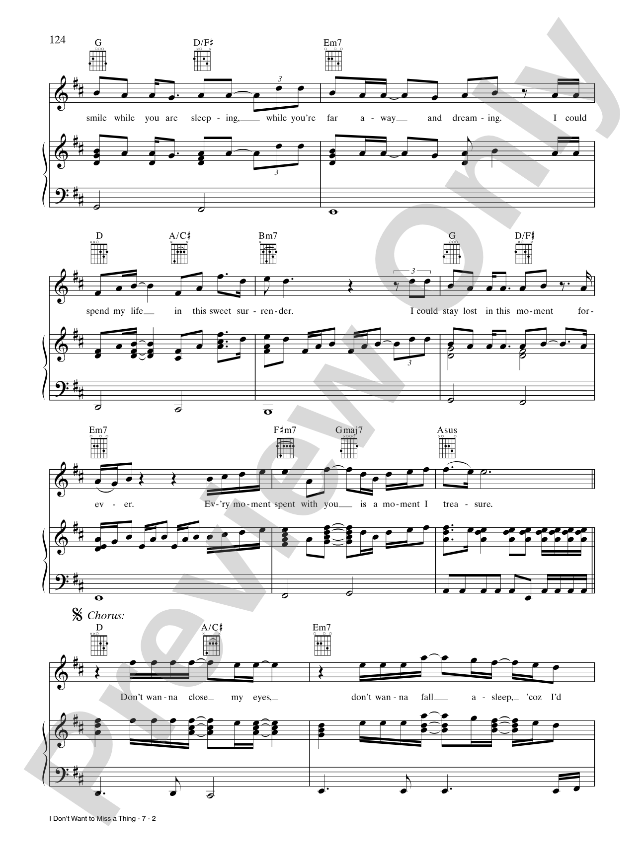 I Don't Want to Miss a Thing: Piano/Vocal/Chords