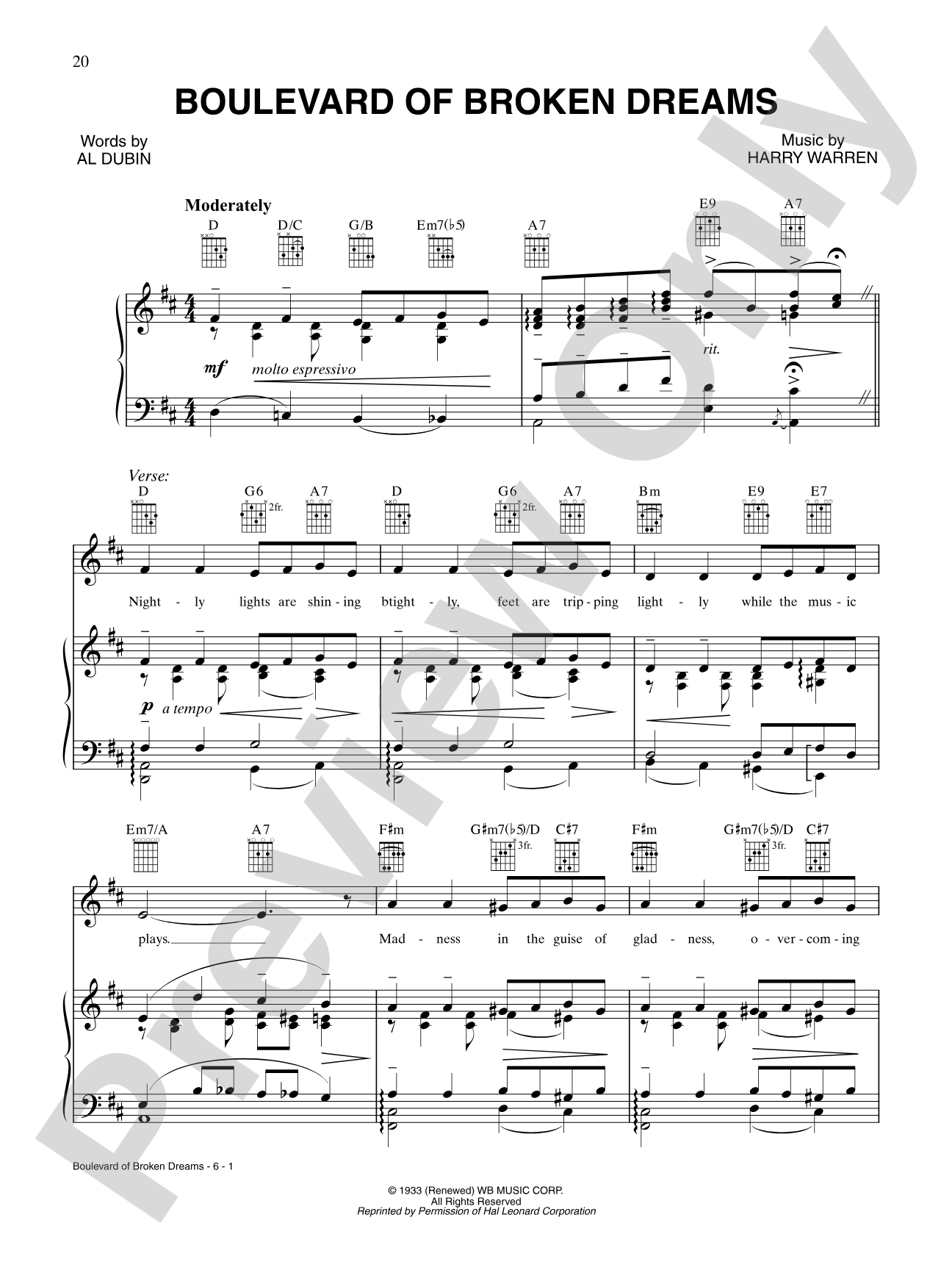 Boulevard of Broken Dreams: Piano/Vocal/Chords