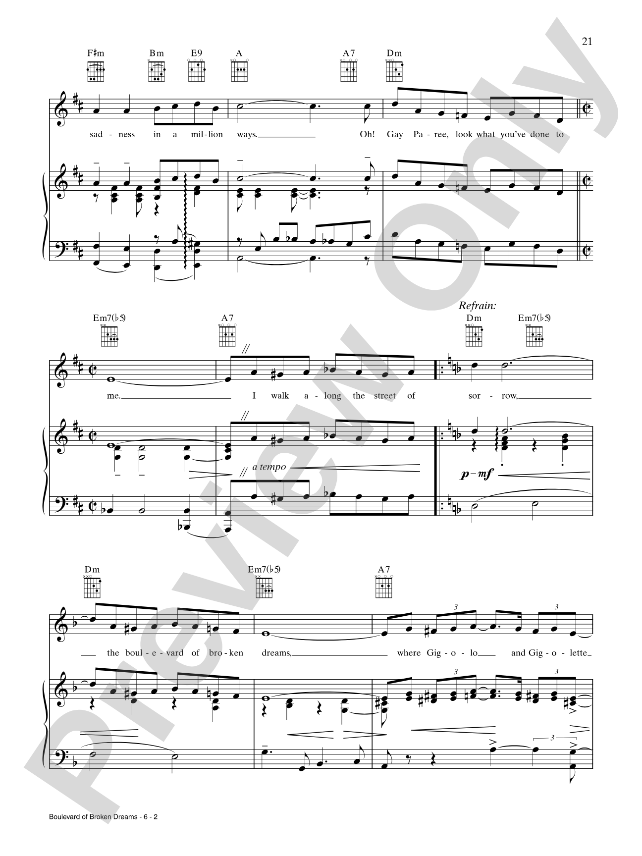 Boulevard of Broken Dreams: Piano/Vocal/Chords