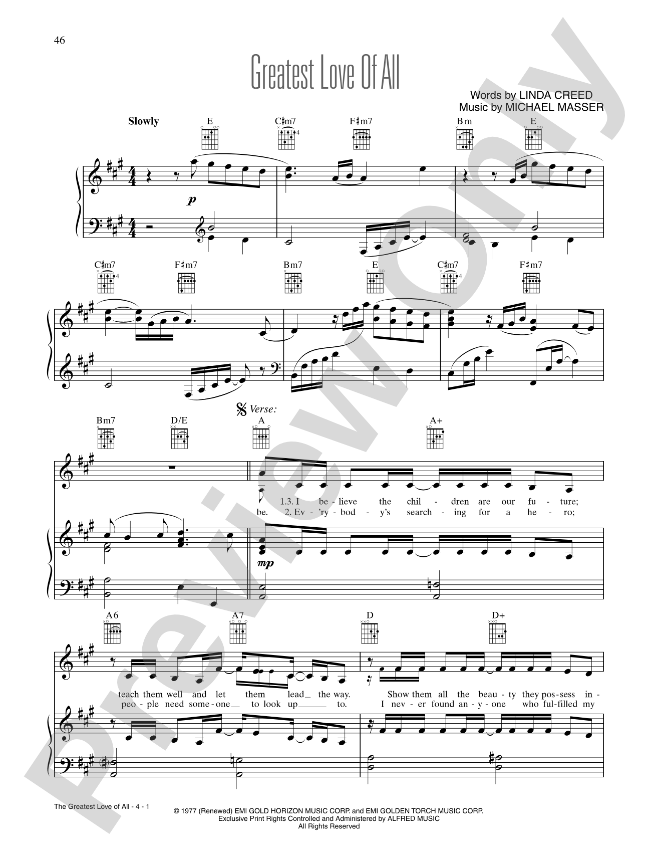 Greatest Love of All: Piano/Vocal/Chords